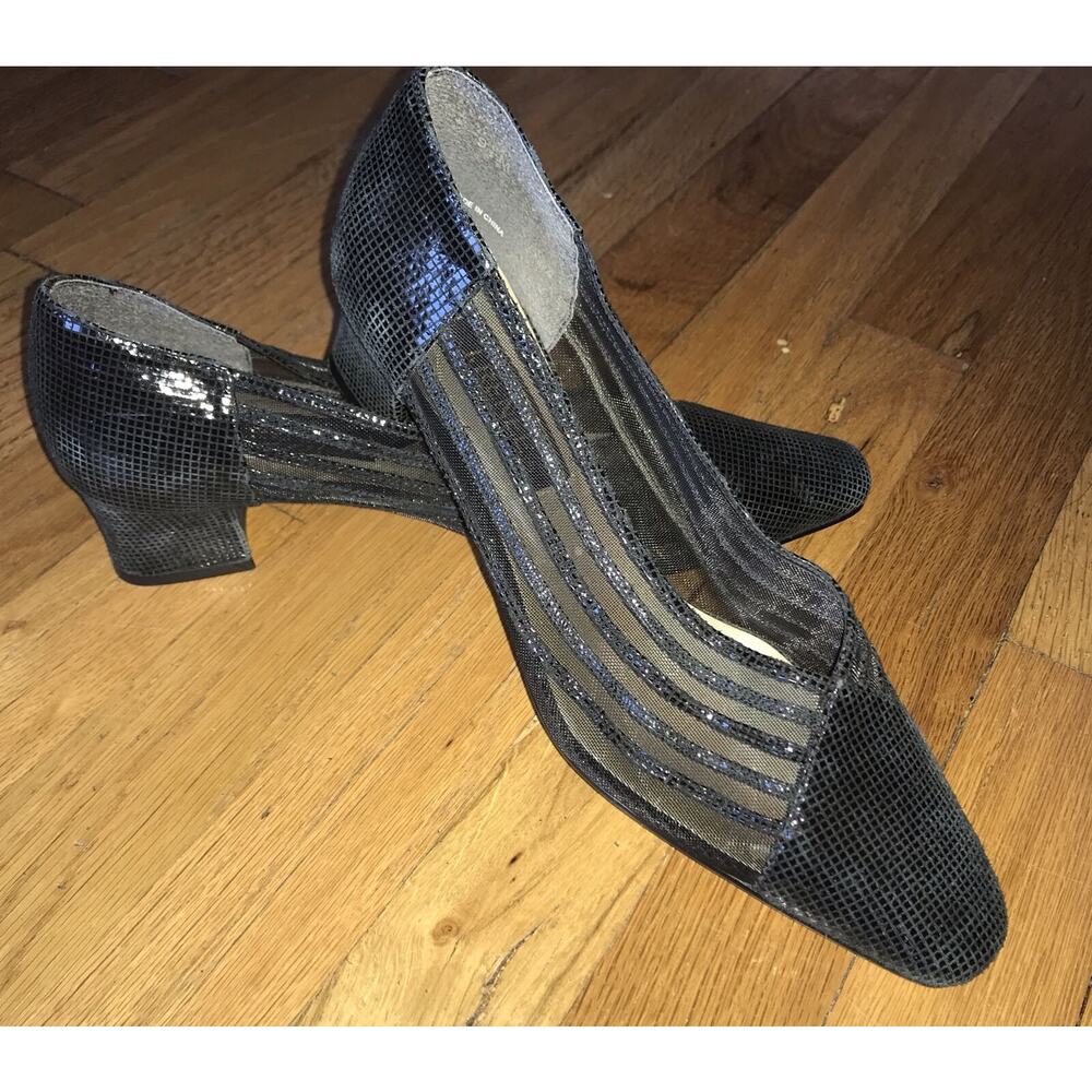 Vgt J. Renee Black Mesh Leather Shoes Size 9.5 Chucky Block Heel Pumps